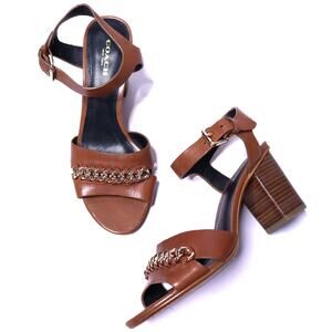 COACH Phoebe Block Heel Sandal Brown Chained Open Toe Ankle Strap Women's 6B